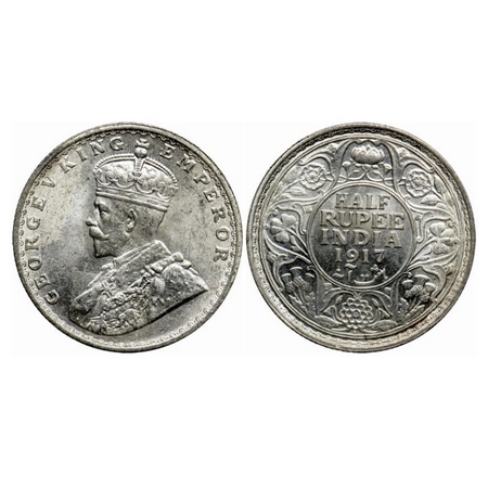 George V, Silver 1/2 Rupee, 1917, Bombay Mint, Dot. GK 1055. Brilliant Uncirculated. Very 