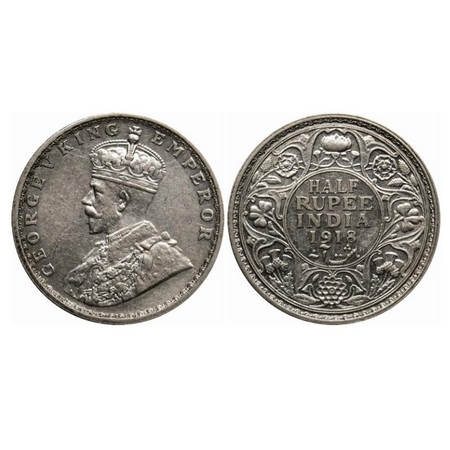 George V, Silver 1/2 Rupee, 1918, Bombay Mint, Dot. GK 1056. Almost Uncirculated. Scarce.