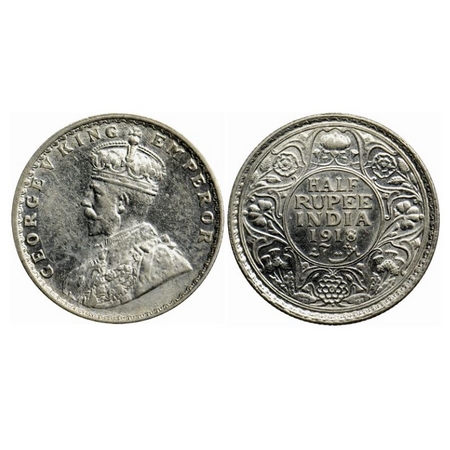 George V, Silver 1/2 Rupee, 1918, Bombay Mint, Dot. GK 1056. Uncirculated. Rare.