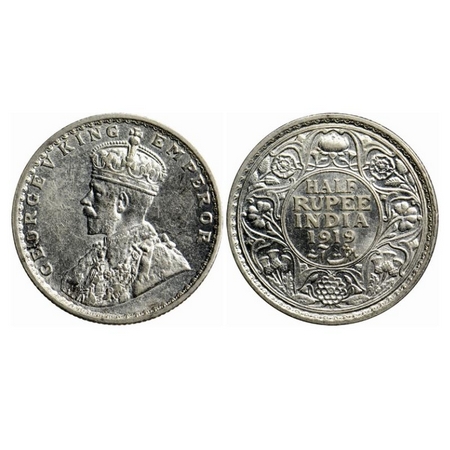 George V, Silver 1/2 Rupee, 1919, Bombay Mint, Dot. GK 1057. Uncirculated. Rare.