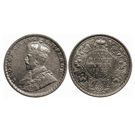 George V, Silver 1/2 Rupee, 1925, Bombay Mint, Dot. GK 1066. Almost Uncirculated. Scarce.