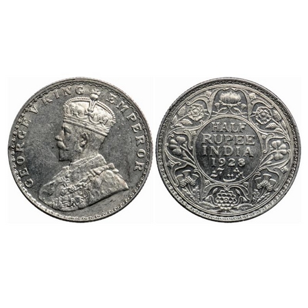 George V, Silver 1/2 Rupee, 1928, Bombay Mint, Dot. GK 1070. Uncirculated. Scarce.