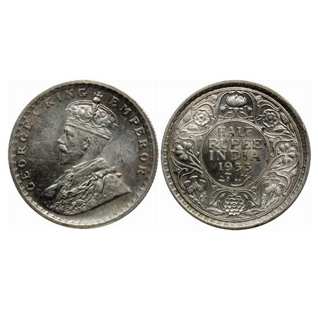George V, Silver 1/2 Rupee, 1933, Calcutta Mint, No dot. GK 1073. Uncirculated. Rare.