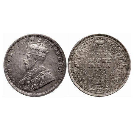 George V, Silver 1/2 Rupee, 1933, Calcutta Mint, No dot, Ghost on Obv and Rev, The letter 