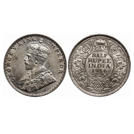 George V, Silver 1/2 Rupee, 1936, Bombay Mint, Dot. GK 1076. Uncirculated. Very Scarce.