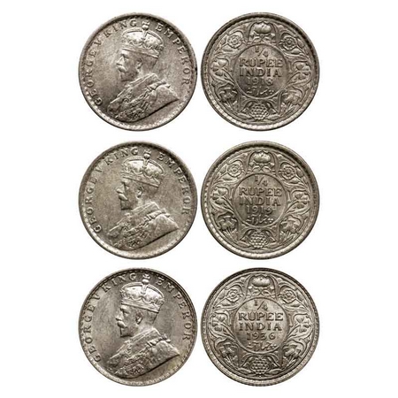 George V, Silver Quarter Rupee (3 Coins), 1918, Calcutta Mint, No dot, Ghost on Rev, 1919,