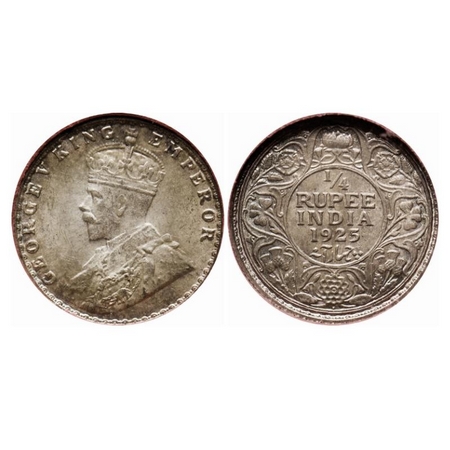 George V, Silver Quarter Rupee, 1925, Bombay Mint, Dot. GK 1093. MS 61+, NGS Slabbed. Scar
