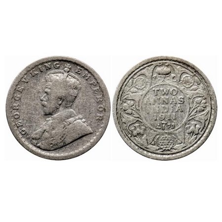 George V, Silver 2 Annas, 1911, Calcutta Mint, No dot, Pig type. GK 1107. Fine+. Very Scar