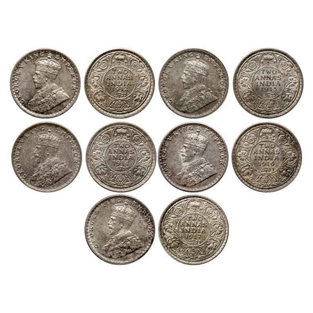 George V, Silver 2 Annas (5 Coins), 1912, Bombay Mint, Dot, Re-drawn Elephant, 1913, Bomba