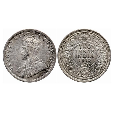 George V, Silver 2 Anna, 1913, Bombay Mint, Dot. GK 1111. Uncirculated. Scarce.