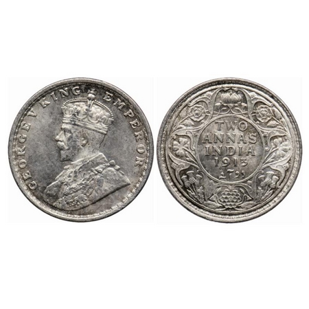 George V, Silver 2 Annas, 1913, Bombay Mint, Dot. GK 1111. Extremely Fine. Scarce.