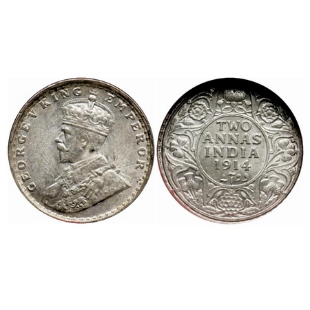 George V, Silver 2 Annas, 1914, Bombay Mint, Dot. GK 1113. MS 63, NGS Slabbed. Rare.