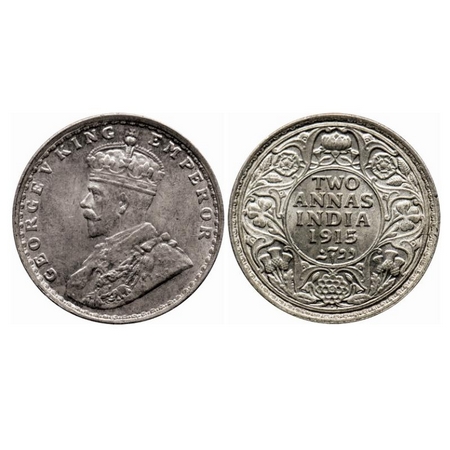 George V, Silver 2 Annas, 1915, Bombay Mint, Dot, Ghost on Reverse. GK 1115. Brilliant Unc