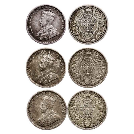 George V, Silver 2 Annas (3 Coins), 1915, Bombay Mint, Dot. GK 1115. Very Fine to Very Fin