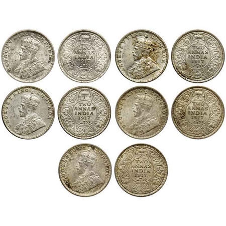 George V, Silver 2 Annas (5 Coins), 1917, Calcutta Mint, No dot. GK 1117. Uncirculated. Sc