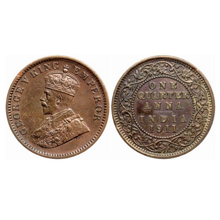 George V, Bronze Quarter Anna, 1911, Calcutta Mint, No dot, Pig type. GK 1171. Almost Unci