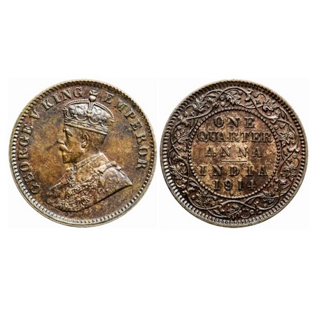 George V, Bronze Quarter Anna, 1914, Calcutta Mint, No mint mark. GK 1174. Uncirculated. S