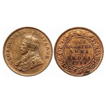 George V, Bronze Quarter Anna, 1914, Calcutta Mint, No dot, Ghost on Rev. GK 1174. Uncircu