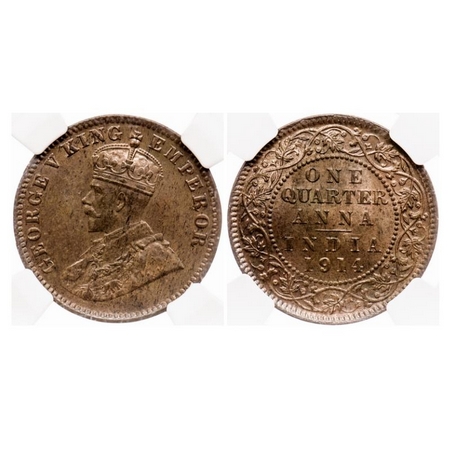 George V, Bronze Quarter Anna, 1914, Calcutta Mint, No dot. GK 1174. NGC Slabbed MS 63 RB.
