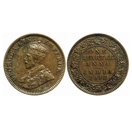 George V, Bronze Quarter Anna, 1916, Calcutta Mint, No dot. GK 1175. Extremely Fine Detail