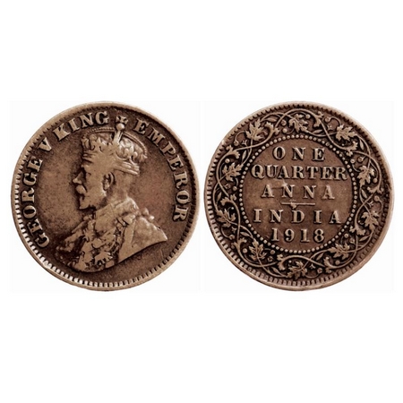 George V, Bronze Quarter Anna, 1918, Calcutta Mint, Reverse Inverted ' 6'o clock'. GK 1177