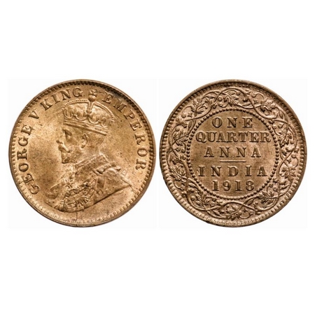 George V, Bronze Quarter Anna, 1918, Calcutta Mint, No dot, Multiple die cracks on Obv. GK