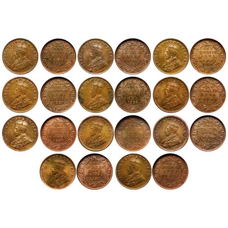 George V, Bronze Quarter Anna (11 Coins), 1920, Calcutta Mint, No dot, (MS 60), 1925 , Bom
