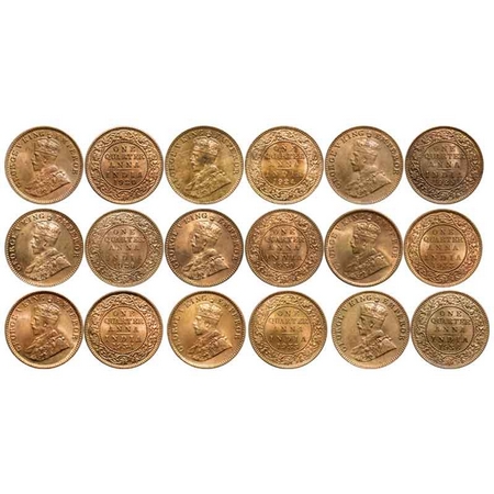 George V, Bronze Quarter Anna (9 Coins), 1920, Calcutta Mint, No dot, 1924, Bombay Mint, D