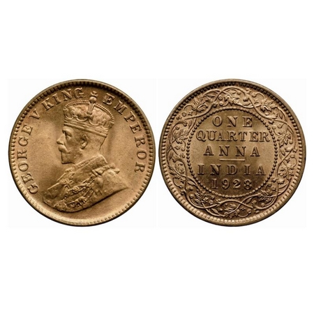George V, Bronze Quarter Anna, 1928, Calcutta mint, No dot. GK 1188. Brilliant Uncirculate
