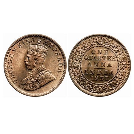 George V, Bronzer Quarter Anna, 1931, Calcutta Mint, No dot. GK 1192. Brilliant Uncirculat