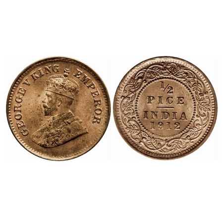 George V, Bronze, 1/2 Pice, 1912, Calcutta Mint, No mint mark. GK 1198. Uncirculated. Scar