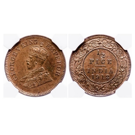 George V, Bronze 1/2 Pice, 1912, Calcutta Mint, No mint mark. GK 1198. NGC Slabbed MS 63 R