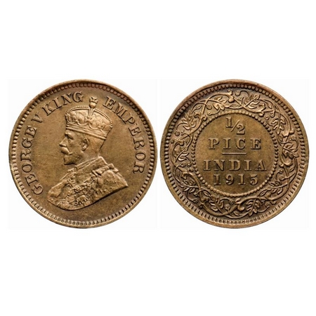 George V, Bronze, 1/2 Pice, 1915, Calcutta Mint, No mint mark. GK 1201. Uncirculated. Very