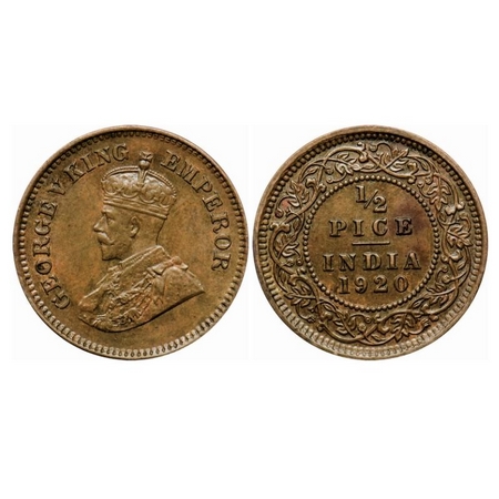 George V, Bronze, 1/2 Pice, 1920, Calcutta Mint, No mint mark. GK 1206. Almost Uncirculate