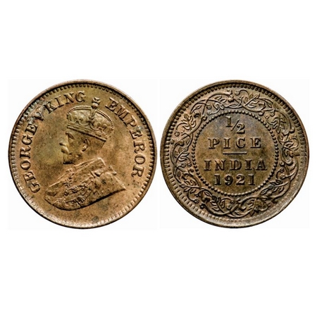 George V, Bronze 1/2 Pice, 1921, Calcutta Mint, No mint mark. GK 1207. About Uncirculated.