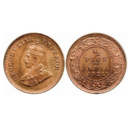 George V, Bronze 1/2 Pice, 1921, Calcutta Mint, No mint mark, Ghost on Obv. GK 1207. Brill