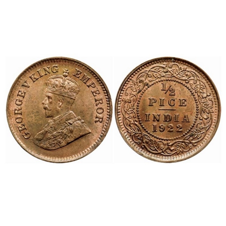 George V, Bronze 1/2 Pice, 1922, Calcutta Mint, No mint mark. GK 1208. About Uncirculated 