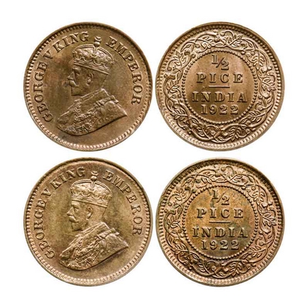 George V, Bronze 1/2 Pice (2 Coins), 1922, Calcutta Mint, No mint mark, 2nd coin has a Gho