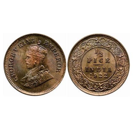 George V, Bronze, 1/2 Pice, 1922, Calcutta Mint, No mint mark, Ghost on Rev, Die crack on 