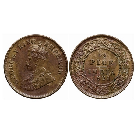 George V, Bronze, 1/2 Pice, 1924, Calcutta Mint, No mint mark. GK 1210. Almost Uncirculate