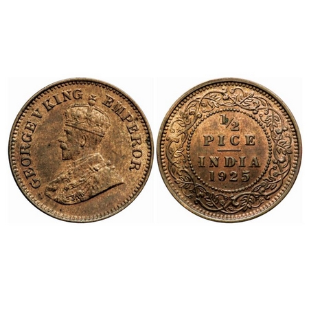 George V, Bronze 1/2 Pice, 1925, Calcutta Mint, No mint mark. GK 1211. About Uncirculated.