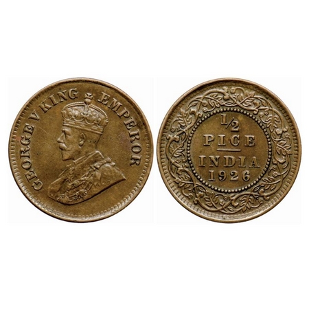 George V, Bronze, 1/2 Pice, 1926, Calcutta Mint, No mint mark, Ghost on Rev. GK 1212. Extr