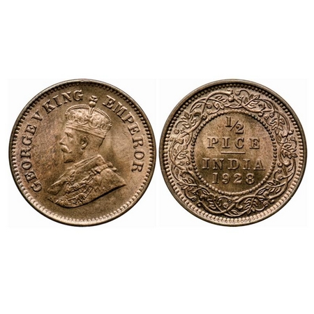 George V, Bronze, 1/2 Pice, 1928, Calcutta Mint, No mint mark, Ghost on Rev, Die cracks on