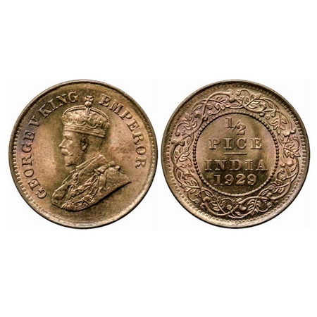 George V, Bronze, 1/2 Pice, 1929, Calcutta Mint, No mint mark, Ghost on Rev. GK 1215. Bril