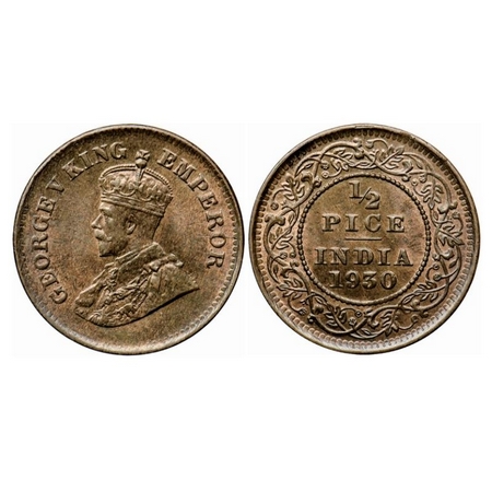 George V, Bronze, 1/2 Pice, 1930, Calcutta Mint, No mint mark, Die crack on Obv. GK 1216.