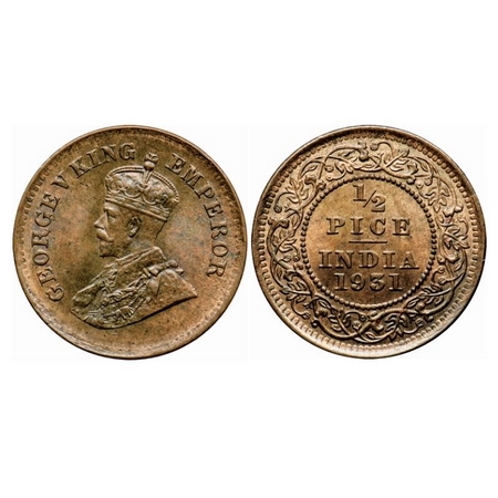 George V, Bronze, 1/2 Pice, 1931, Calcutta Mint, No mint mark, Planchet flaw on Obv. GK 12