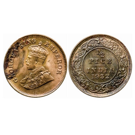 George V, Bronze, 1/2 Pice, 1932, Calcutta Mint, No mint mark, Ghost on Rev. GK 1218. Unci