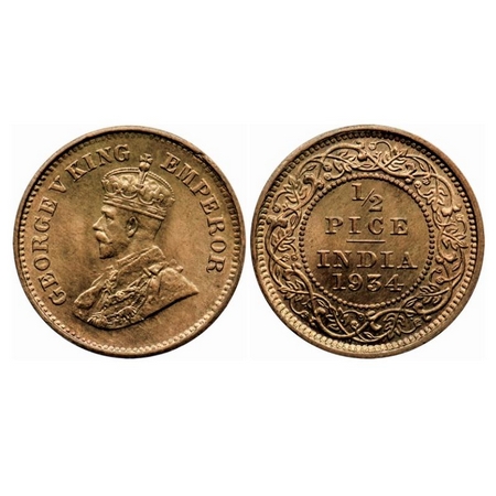 George V, Bronze 1/2 Pice, 1934, Calcutta Mint, No mint mark. GK 1220. Brilliant Uncircula