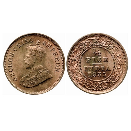 George V, Bronze, 1/2 Pice, 1935, Calcutta Mint, No mint mark, Ghost on Rev, Die crack on 