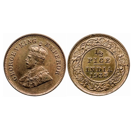 George V, Bronze, 1/2 Pice, 1935, Calcutta Mint, No mint mark, Ghost on Rev, Die crack on 